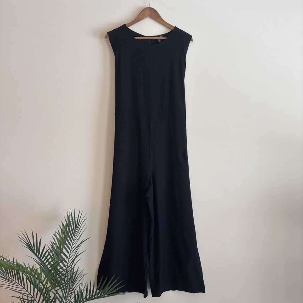 Eileen Fisher Black Wide Leg Sleeveless Crepe Jumpsuit Large Minimalist - Picture 2 of 8